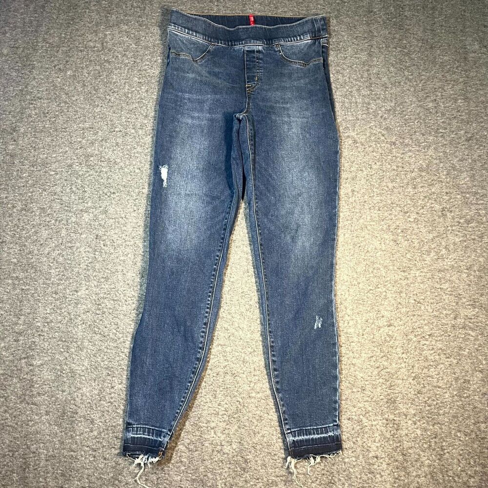 Spanx Distressed Ankle Skinny Jeans Women M Medium Wash Raw Hem High Rise